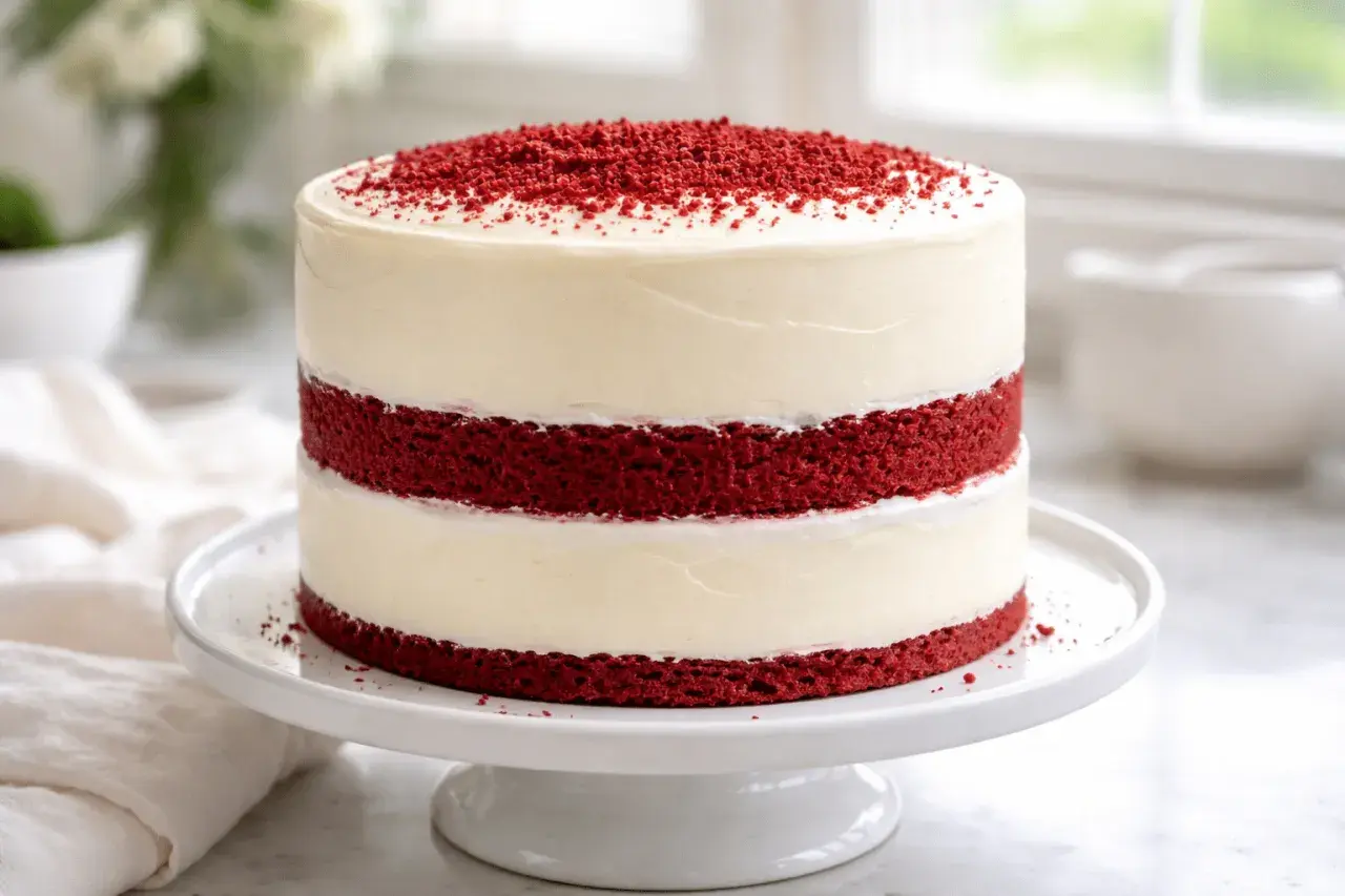Pastel red velvet de dos capas, cubierto con glaseado cremoso y decorado con migas rojas.