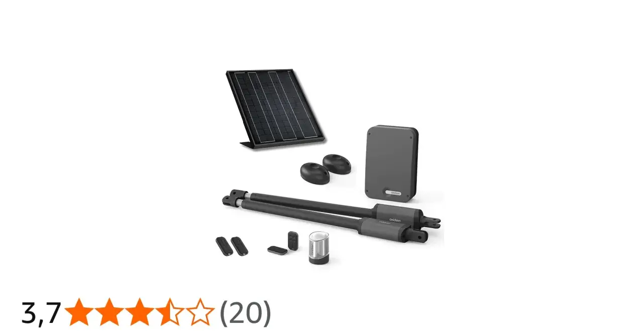 Kit motorisation portail Avidsen Styrka 310 : panneaux solaires, moteurs, boîtier de contrôle, télécommandes et photocellules.