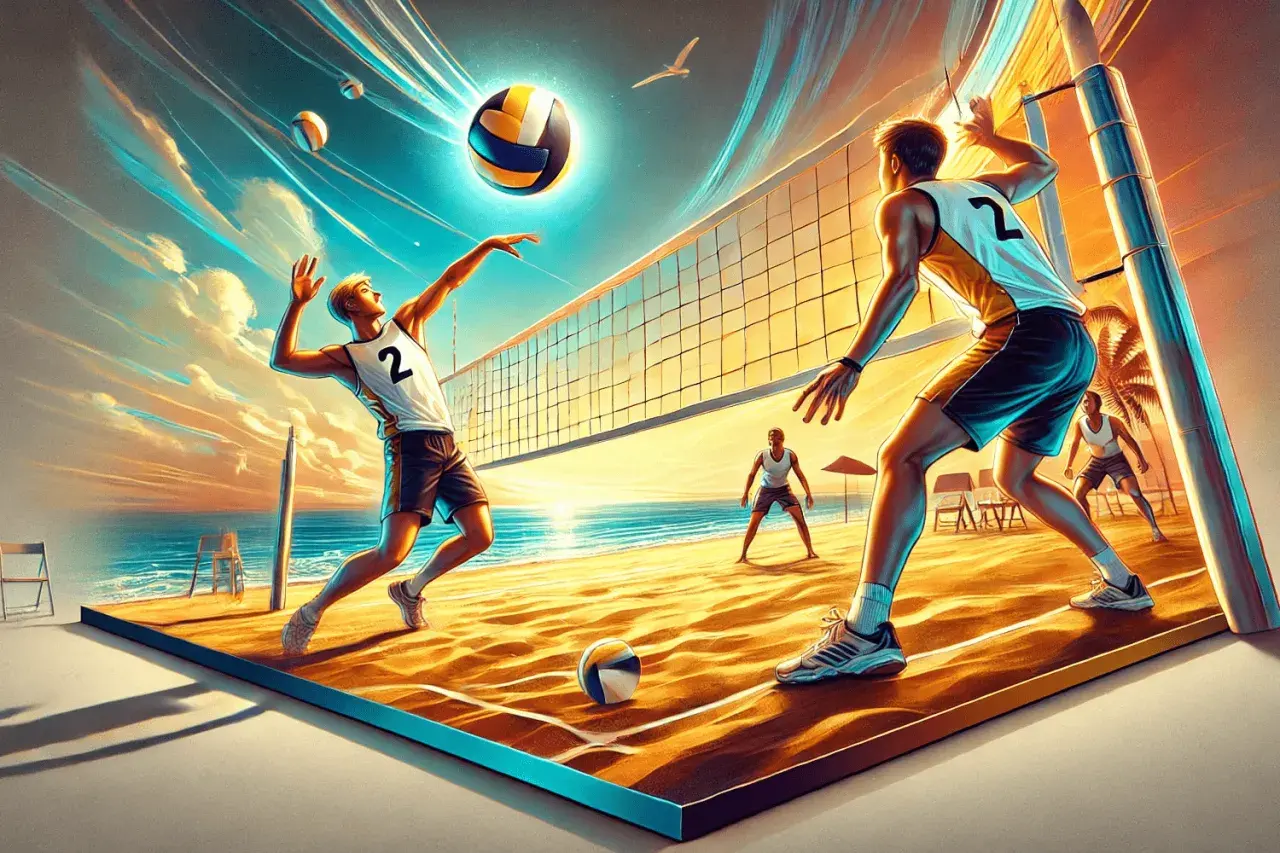 Dynamiczne odbicie piłki od ziemi na plaży podczas meczu siatkówki. Słońce zachodzi, tworząc złote refleksy na piasku i wodzie.