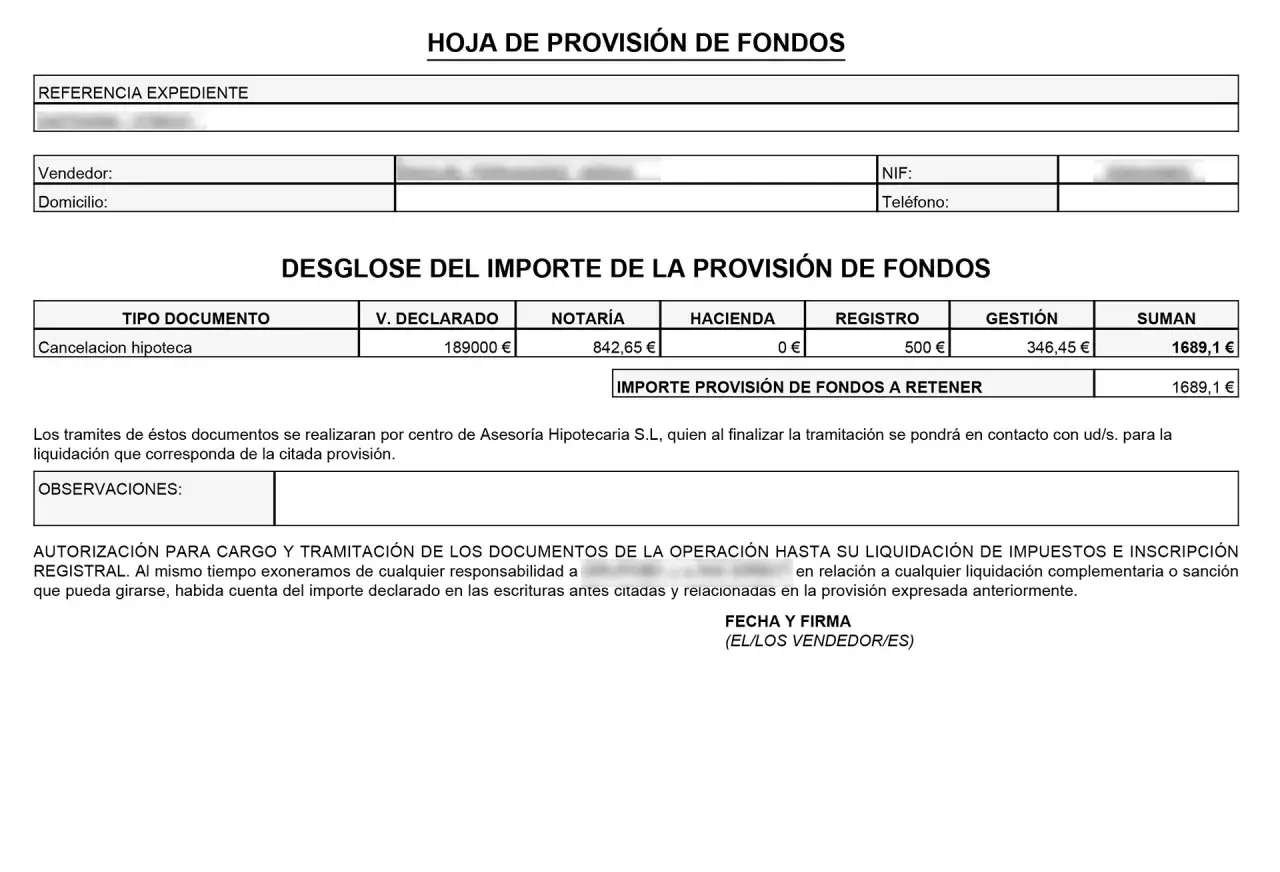 Detalle de gastos al cancelar hipoteca: notaría, gestión y otros. Total 1689,1 €.