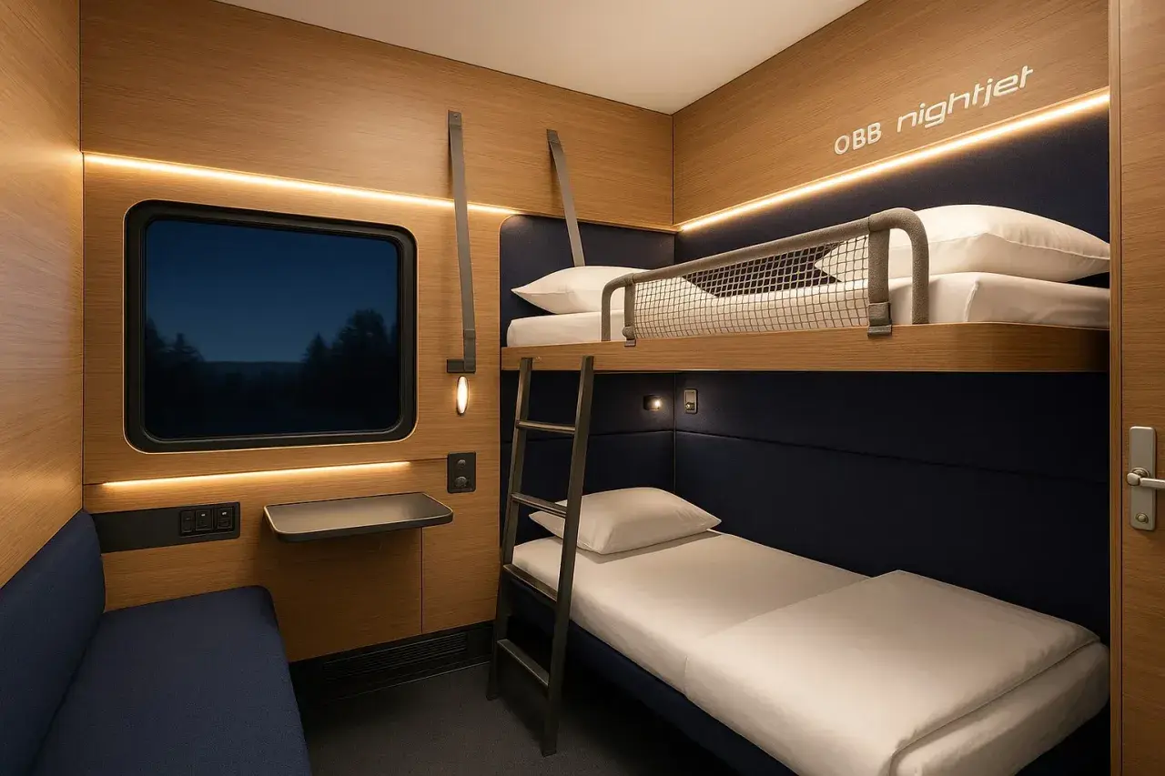 En mysig sovkupé på ett euronight train med våningssängar, fönster med mörk natthimmel och bekväma sittplatser.