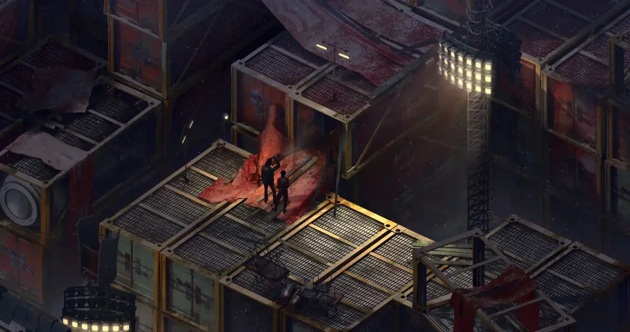 Dwie postacie stoją na zniszczonej platformie wśród kontenerów. Scena z Disco Elysium poradnik, mroczna i deszczowa.