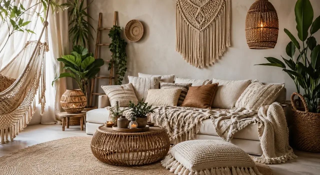 Gemütliches Wohnzimmer im Boho-Stil mit Hängematte, Rattanmöbeln, vielen Kissen und Pflanzen.