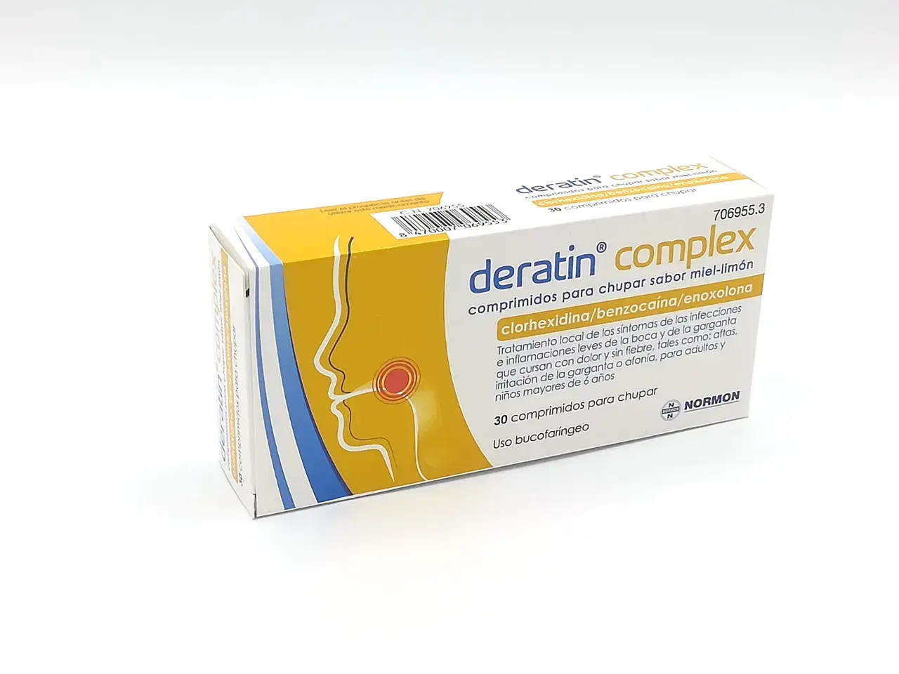 Caja de Deratin Complex, comprimidos para chupar sabor miel-limón. Sirve para el tratamiento local de infecciones y inflamaciones leves de boca y garganta.