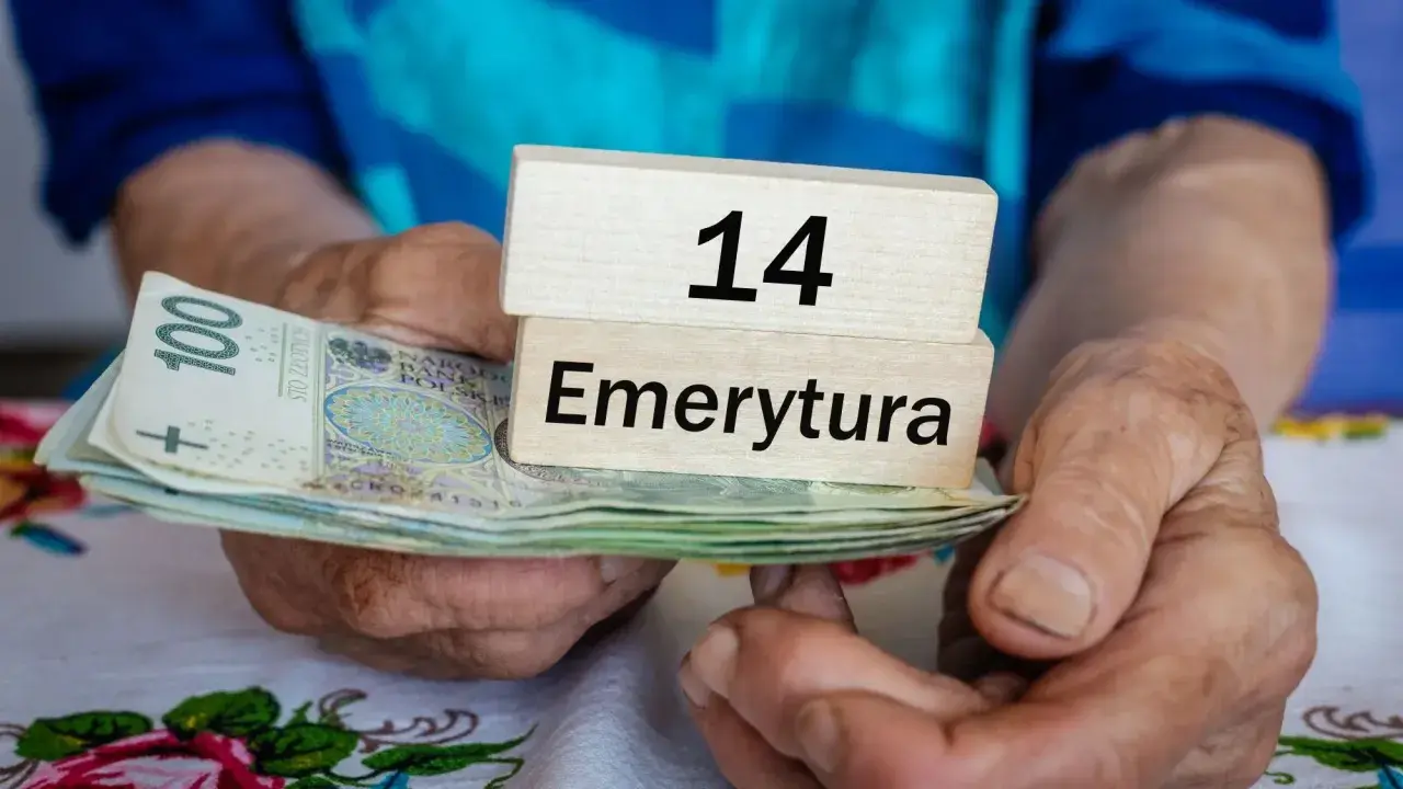 Dłonie trzymają stos banknotów i drewniane klocki z napisem "14 Emerytura".
