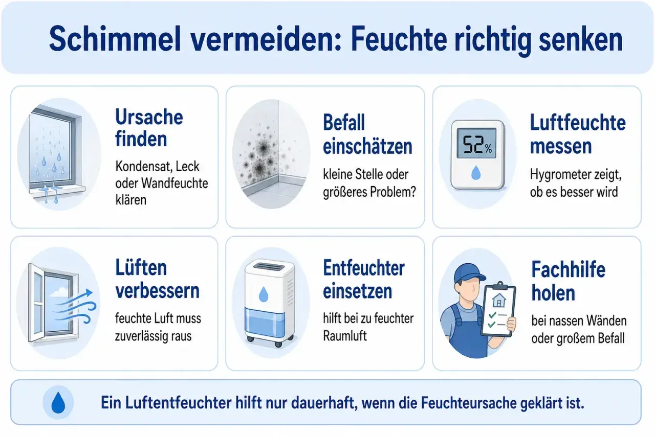 Schimmel vermeiden: Ursachen finden, Befall einschätzen, Luftfeuchtigkeit messen & senken. Ein Luftentfeuchter hilft bei zu feuchter Raumluft.