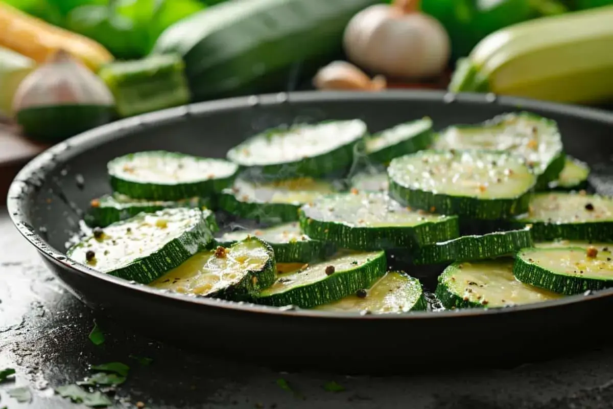 Tranches de courgettes sautées dans une poêle, dégageant une vapeur appétissante. Des grains de poivre noir parsèment les légumes verts.