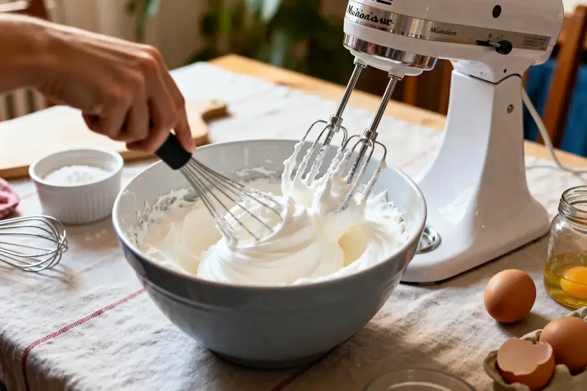 Meringue en train d'être fouettée dans un bol, d'une blancheur en neige parfaite, prête pour un dessert aérien.