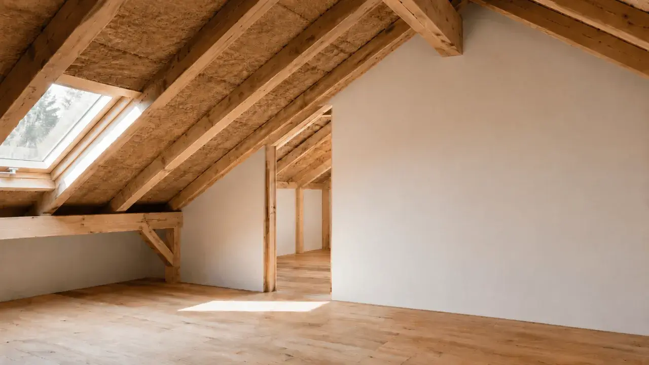Interno di un sottotetto con travi in legno a vista e lucernario. Il pavimento è in parquet chiaro. L'isolamento sottotetto è visibile tra le travi.