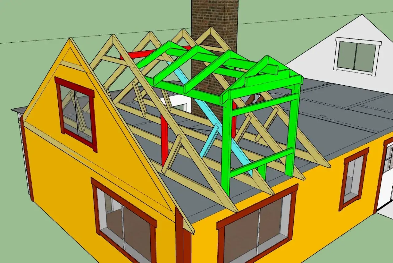 3D-modell visar stommen för att bygga takkupa. Träbjälkar och färgade stöd skapar den nya strukturen ovanpå husets tak.