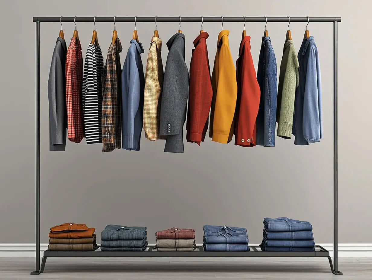 Eine Garderobe mit einer Auswahl an Hemden, Jacken und Jeans – perfekt für eine Capsule Wardrobe für Männer.