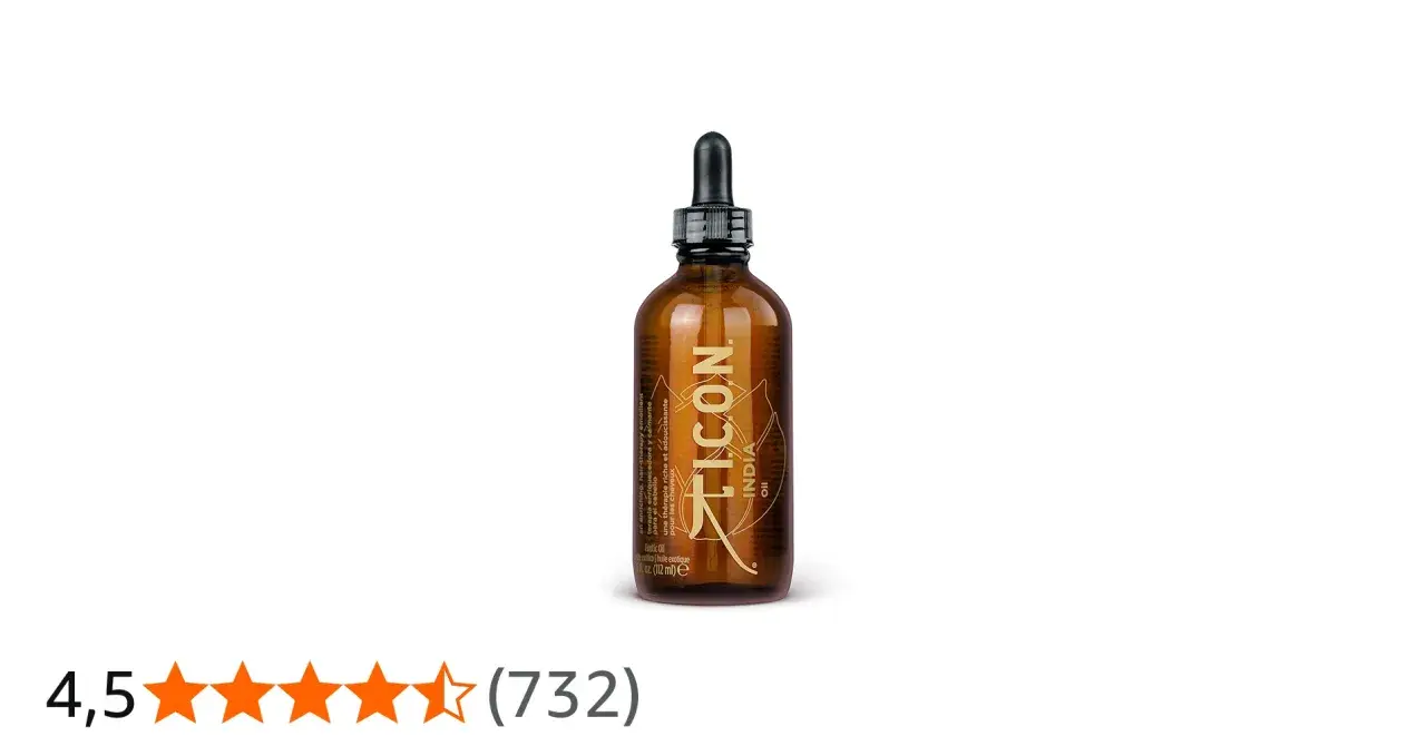 Frasco ámbar con gotero de ICON India Oil, un aceite exótico para el cabello.