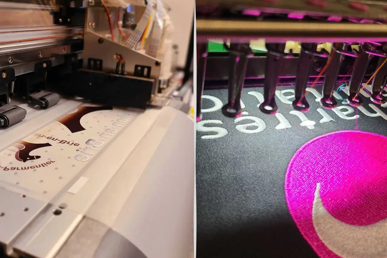 Impression textile : une machine imprime un motif sur un tissu, tandis qu'une autre brode des lettres et un logo sur un vêtement.