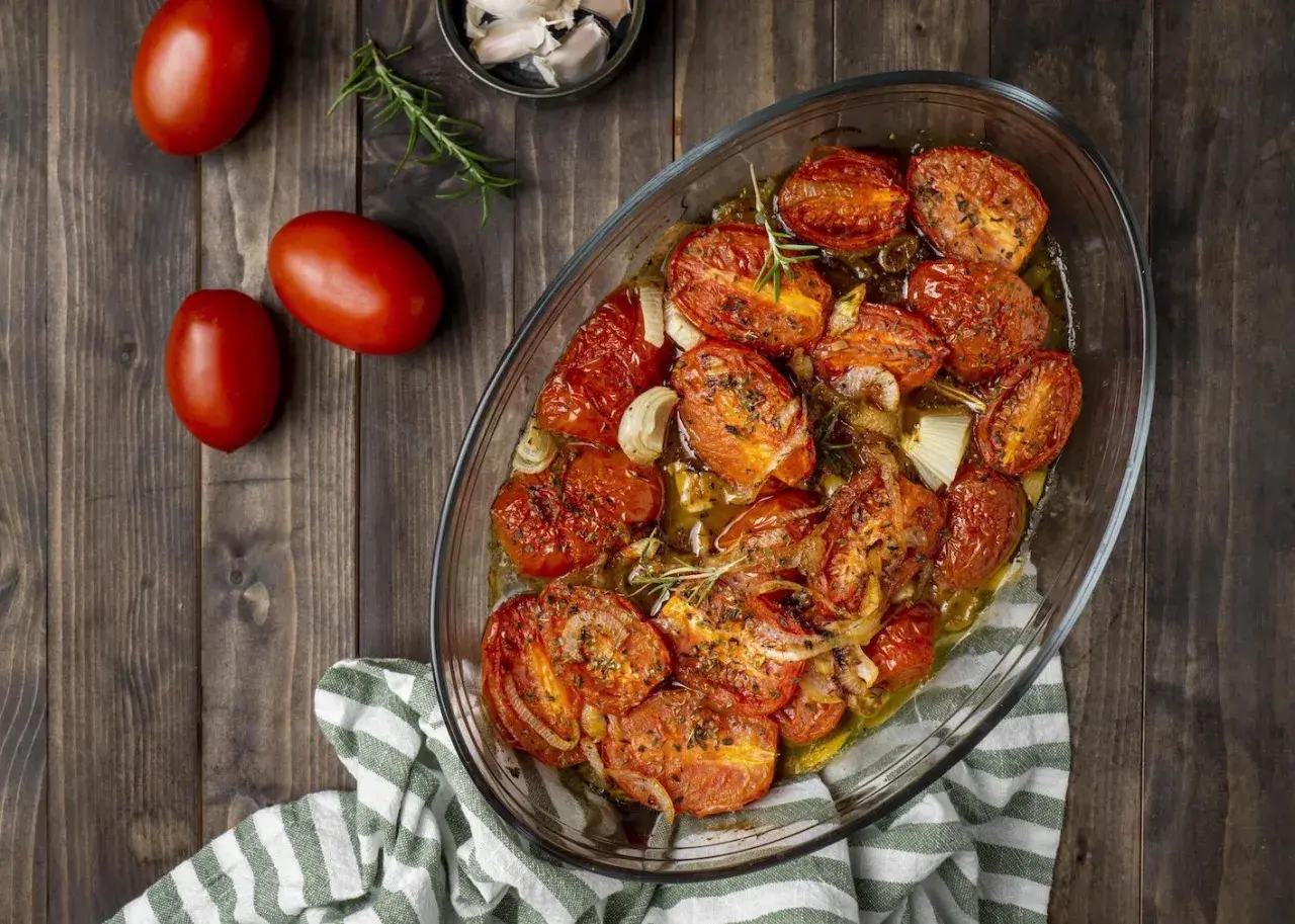 Pomodori gratinati al forno, dorati e succosi, con cipolle e rosmarino in una teglia di vetro su un tavolo di legno.