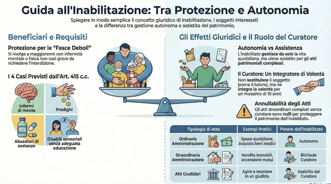 Guida all'inabilitazione: differenza tra interdizione, inabilitazione e amministratore di sostegno. Illustra beneficiari, requisiti e effetti giuridici.