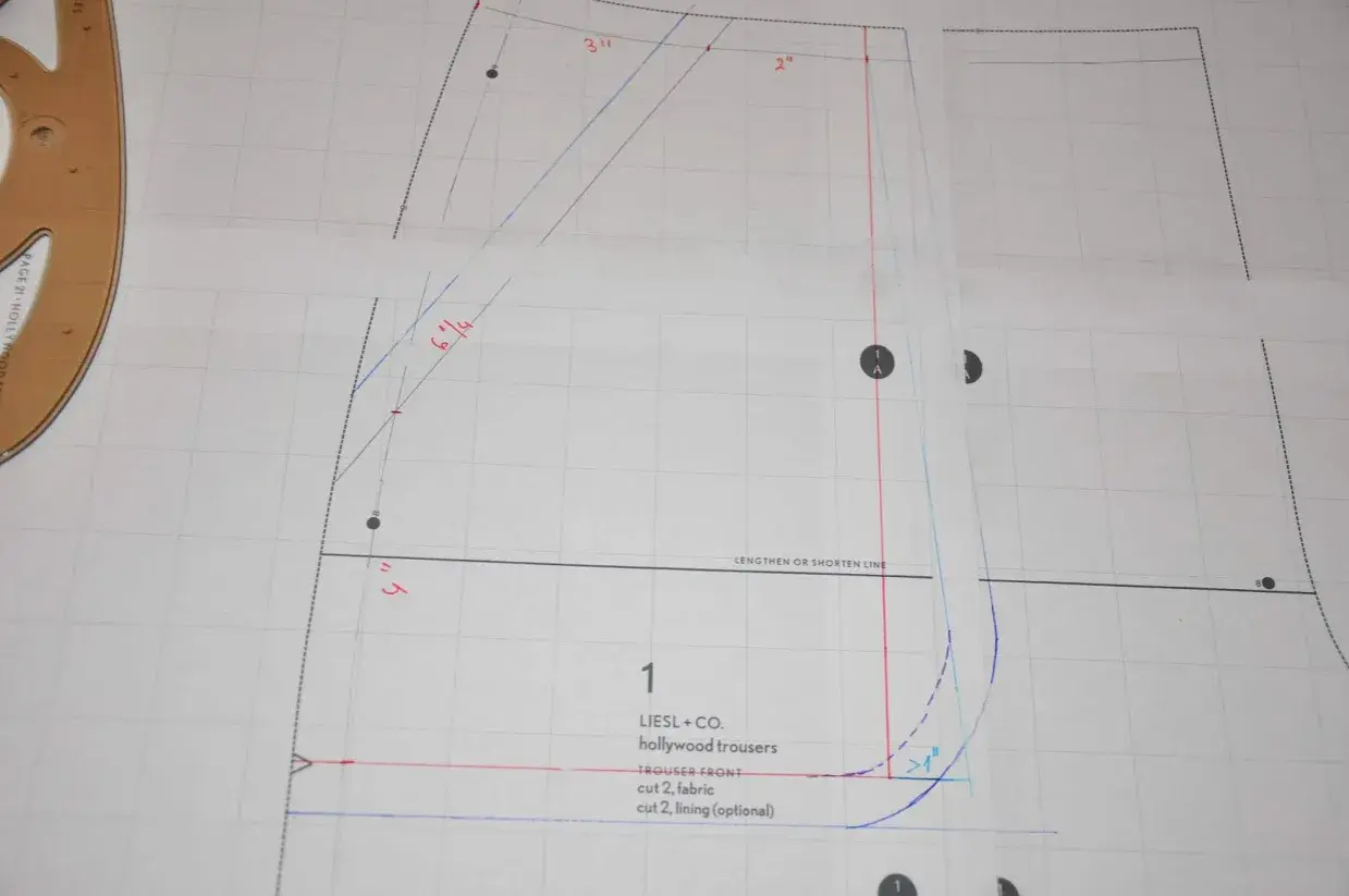 Sewing pattern for Hollywood trousers, showing different types of pockets on pants. Includes measurements and cutting instructions.