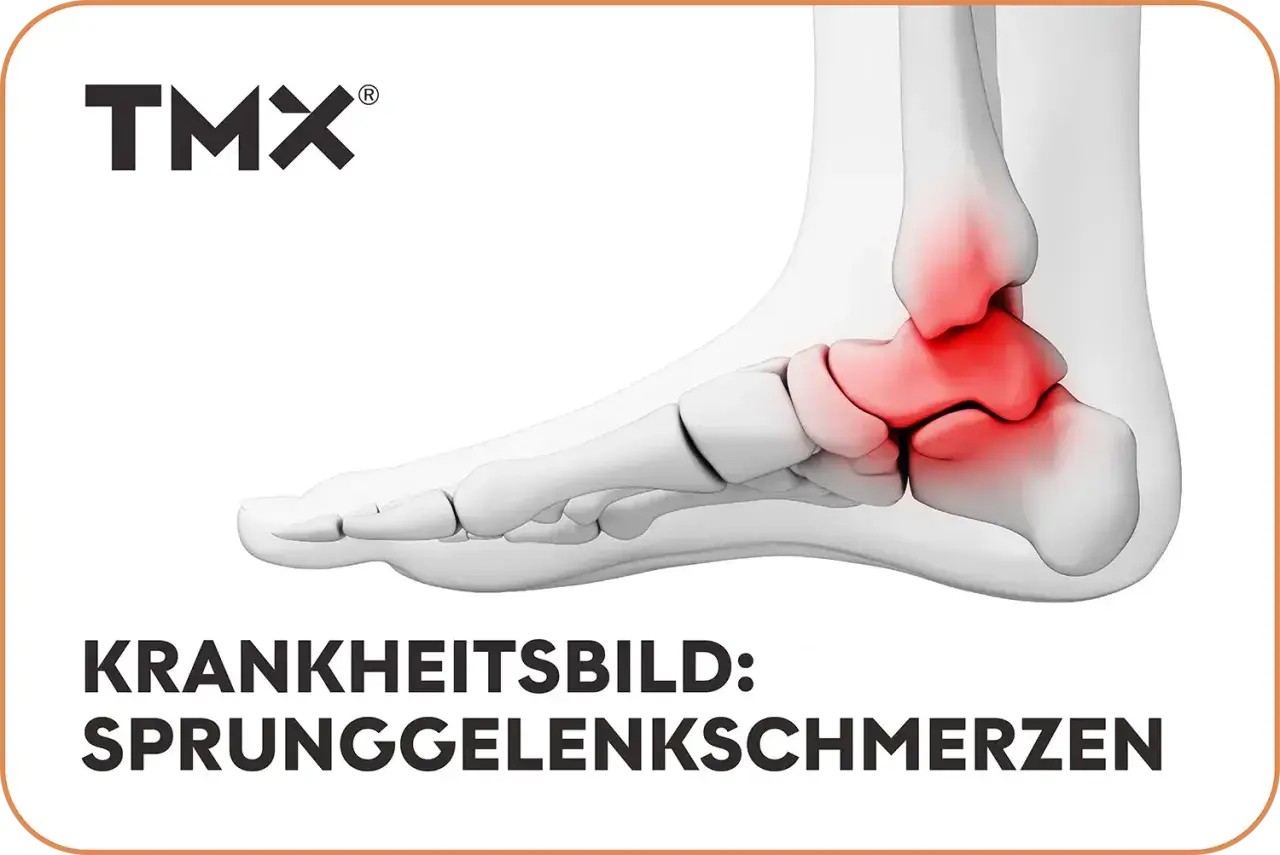 Anatomische Darstellung eines Fußes mit rot hervorgehobenen Bereichen, die Sprunggelenkschmerzen anzeigen. TMX-Logo oben.