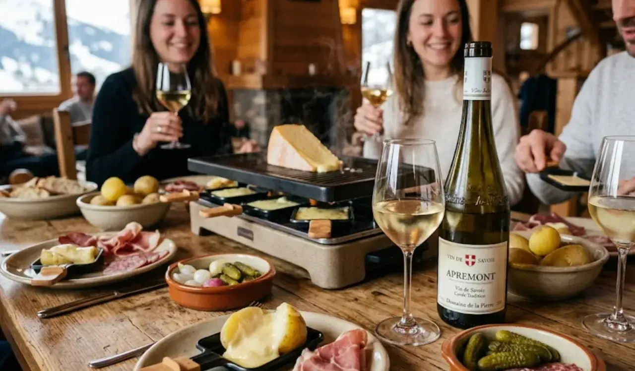 Un groupe d'amis savoure une raclette, accompagnée d'un vin rouge de Savoie. Les pommes de terre, charcuteries et cornichons sont prêts à être dégustés.