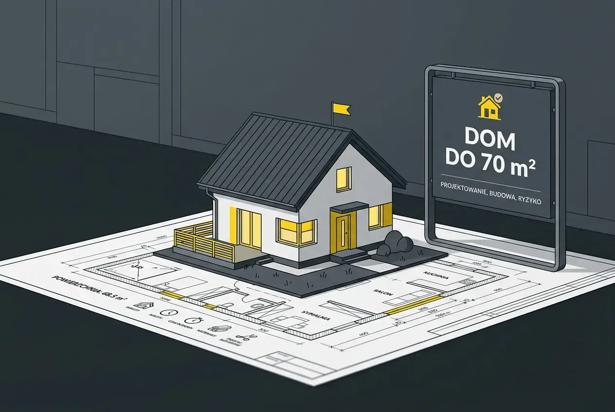Model domu na planie, obok tablica "DOM DO 70 m²". Odbiór domu bez ocieplenia może wiązać się z ryzykiem.