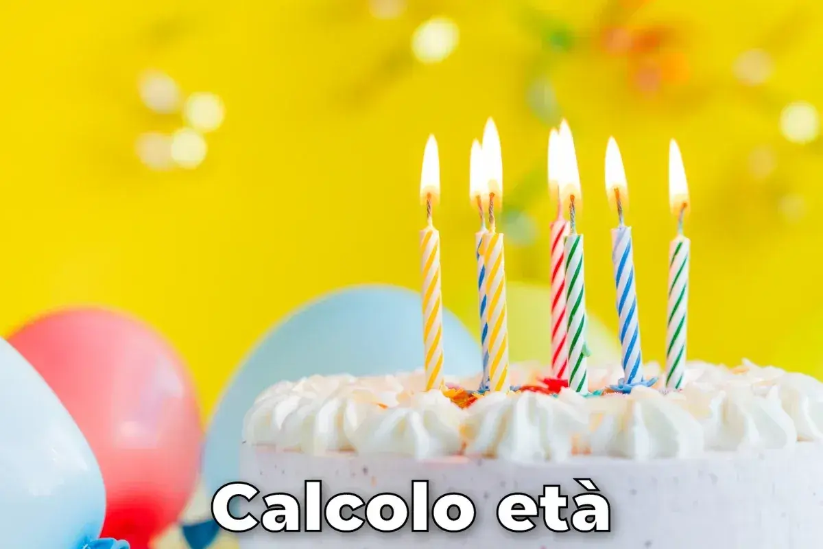 Torta di compleanno con candeline accese e palloncini colorati. Testo "Calcolo età" suggerisce un modo per festeggiare e scoprire quanti anni compi.