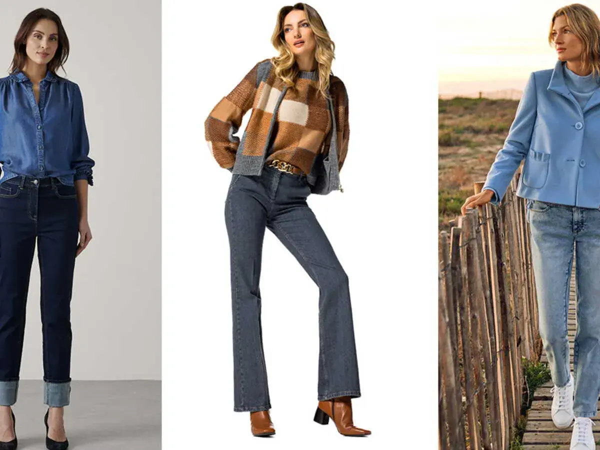 Trois femmes portent des jeans. L'une a un jean droit retroussé, l'autre un jean évasé, et la troisième un jean décontracté.