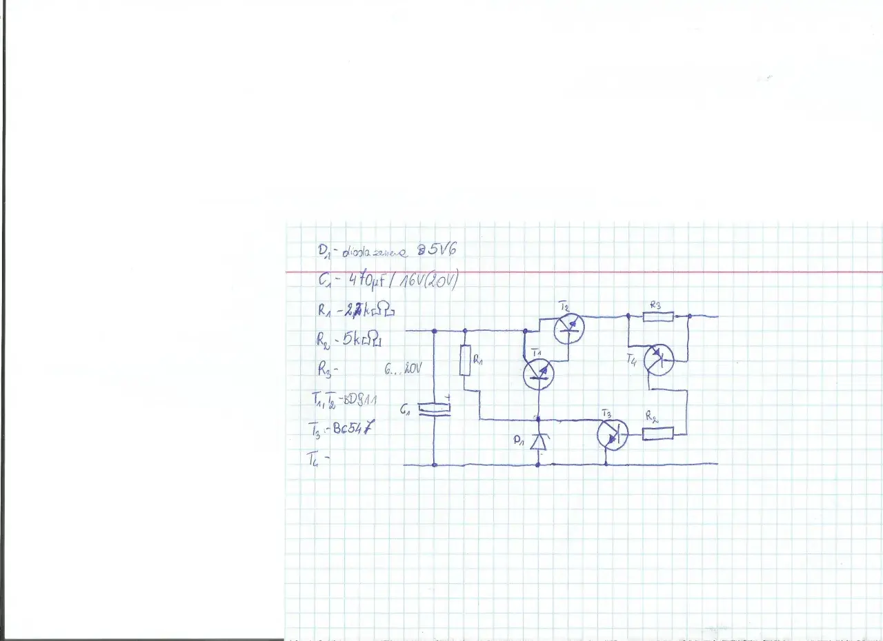 Schemat elektroniczny z elementami R1, R2, R3, T1, T2, T3, T4, D1, C1. Obserwujemy spadek napięcia na rezystorze R2.