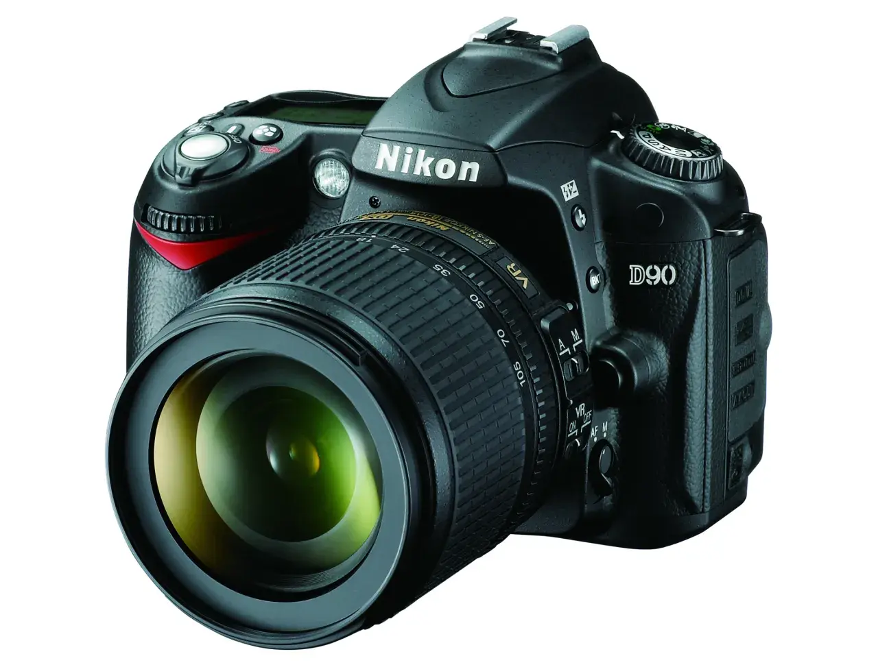 Czarna lustrzanka cyfrowa Nikon D90 z obiektywem.