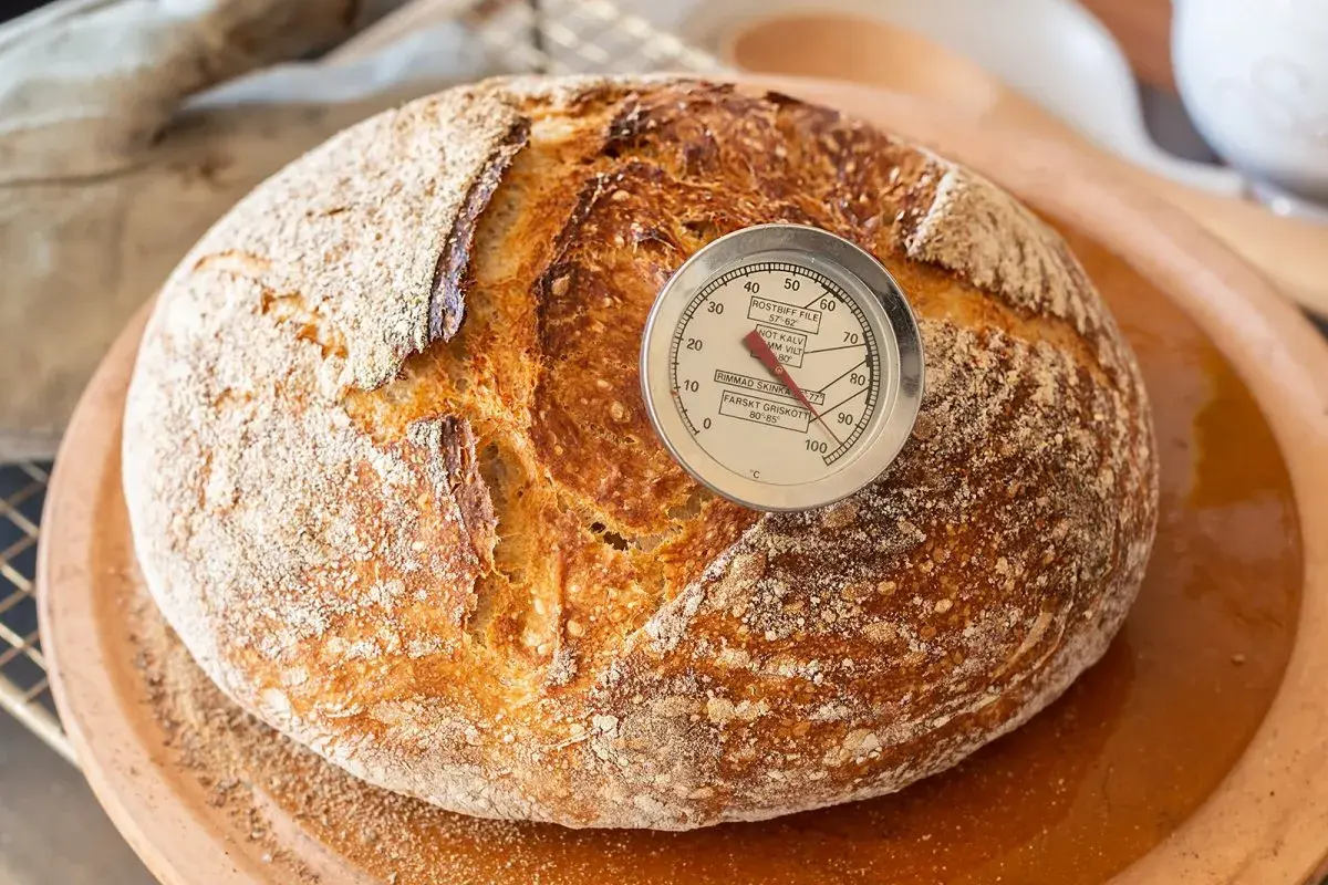Pan artesanal recién horneado, listo para disfrutar. El termómetro indica la temperatura perfecta para hacer pan con masa madre.