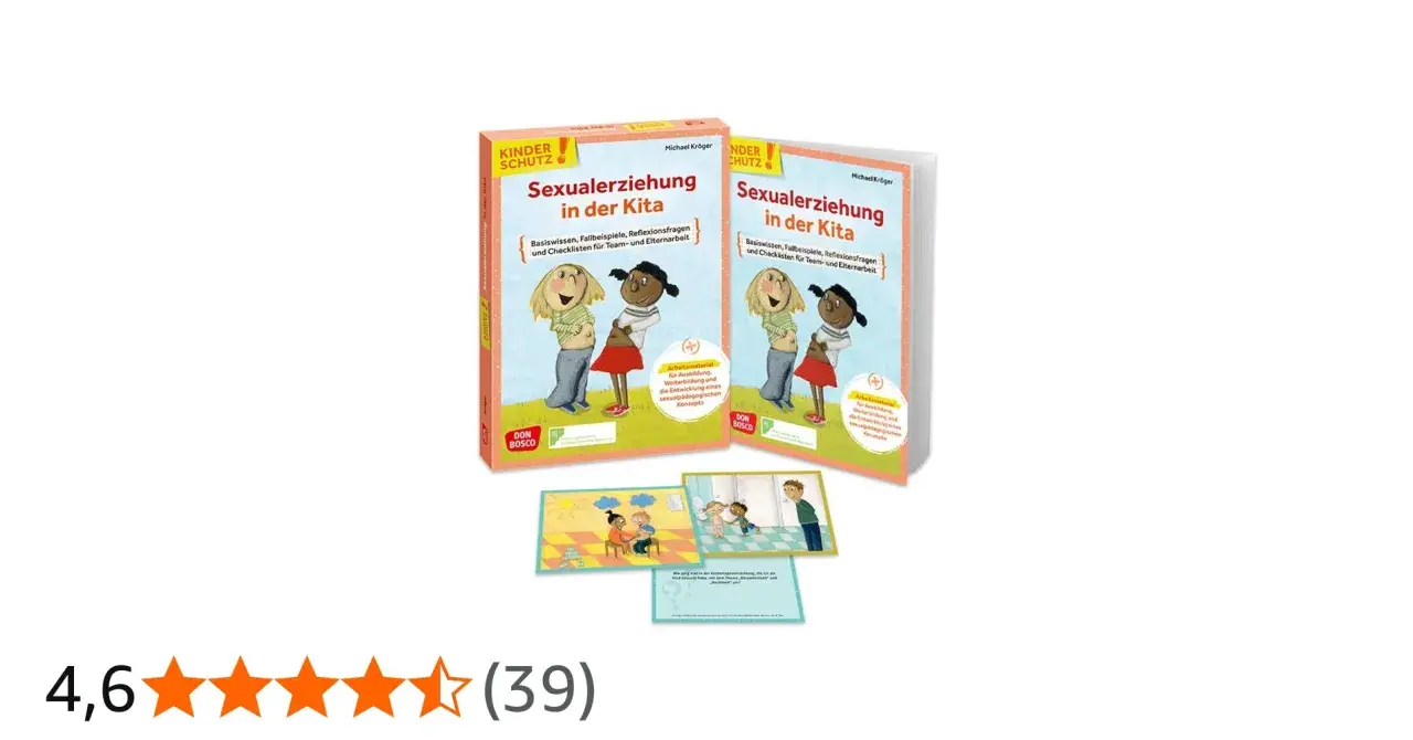 Materialien für Sexualerziehung in der Kita: Bücher und Karten mit kindgerechten Illustrationen, die pädagogische Konzepte vermitteln.