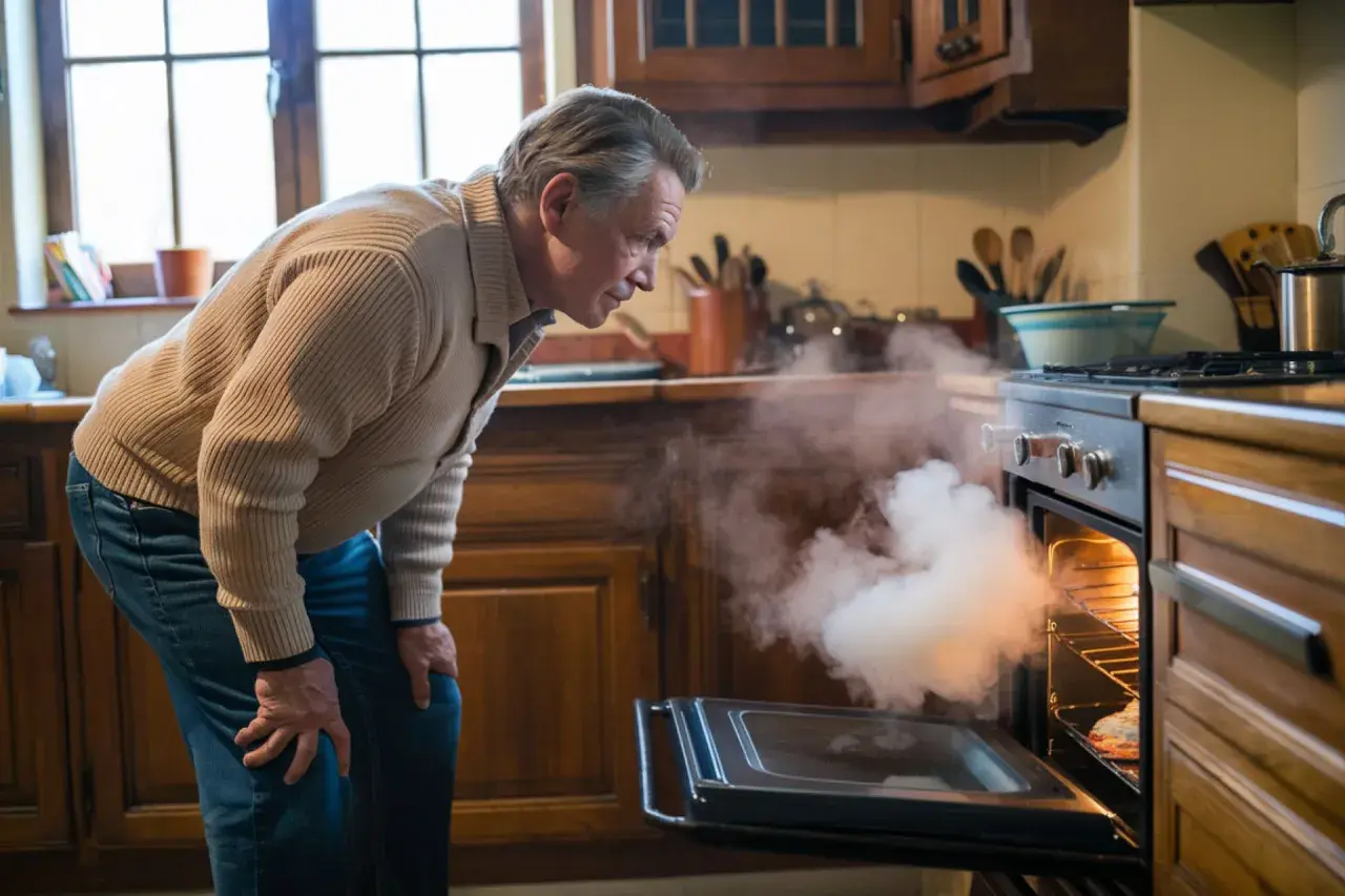 Hombre preocupado mira humo denso salir del horno abierto. El humo del horno es tóxico, ¡cuidado!