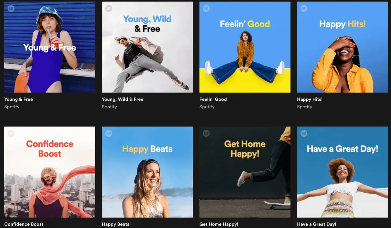 Spotify playlist curator showcases vibrant album art for playlists like "Young & Free," "Feelin' Good," and "Happy Hits!