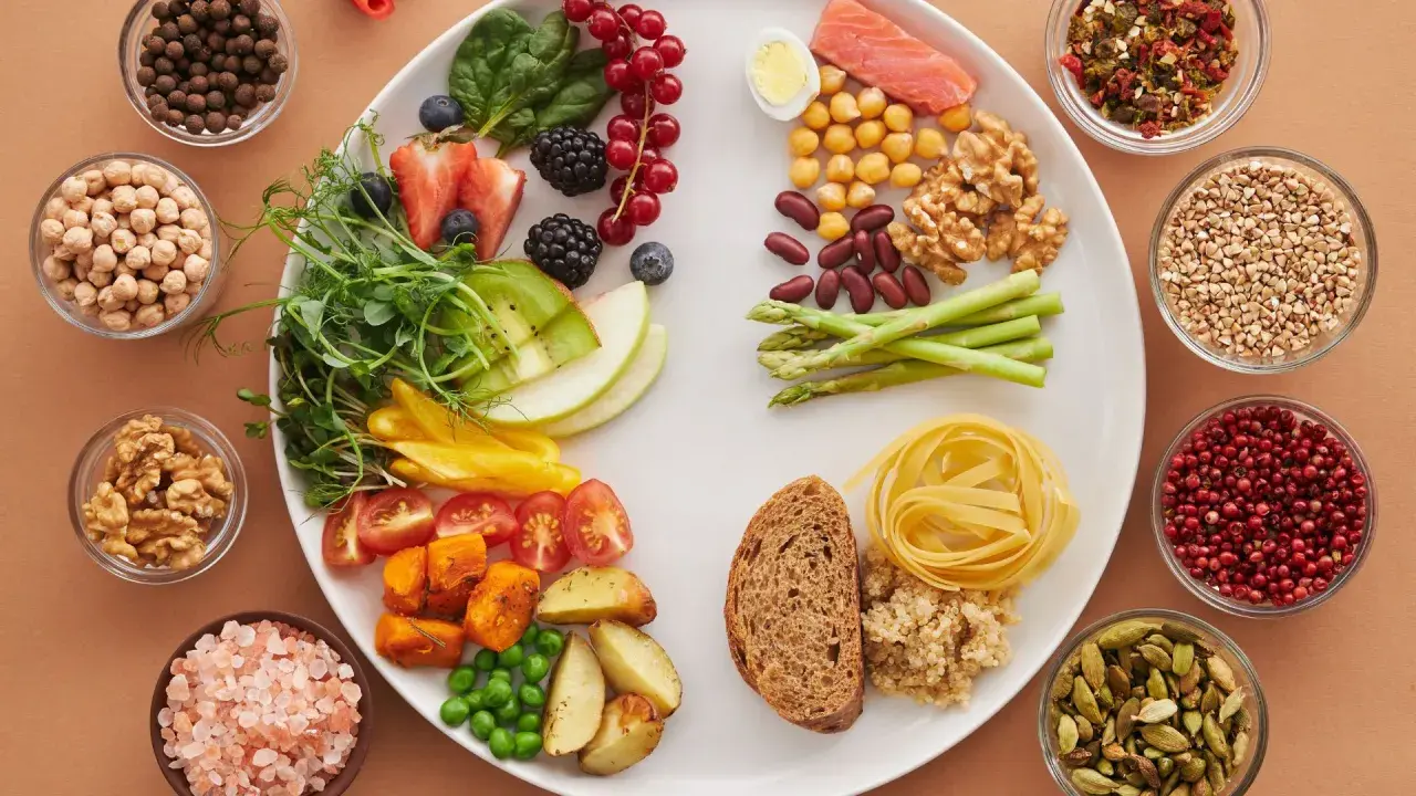 Un piatto colorato con salmone, verdure, frutta, legumi e cereali, un esempio di dieta per disbiosi intestinale.