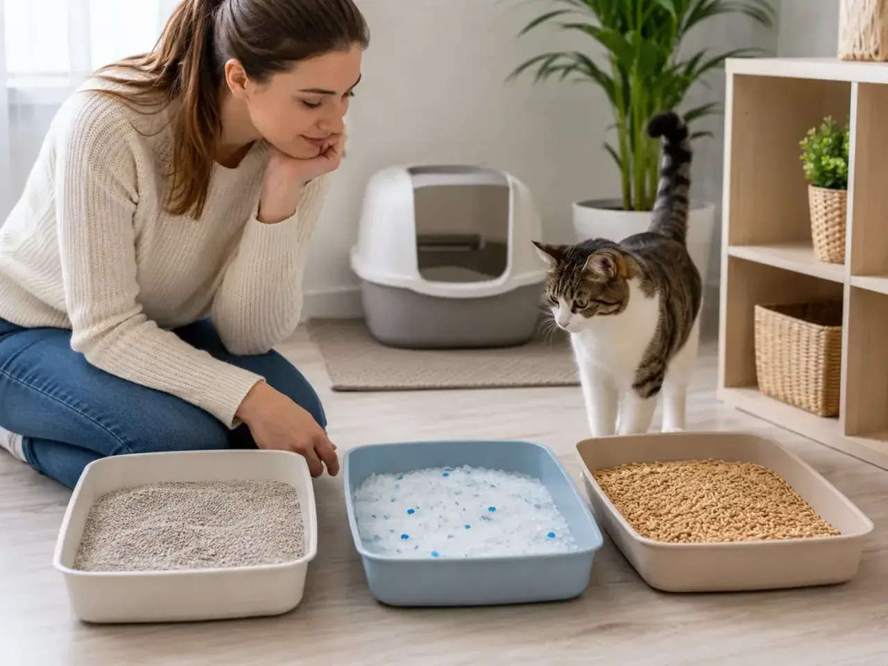Mujer compara diferentes tipos de arena para gatos: aglomerante, sílice y pellets. Su gato observa.