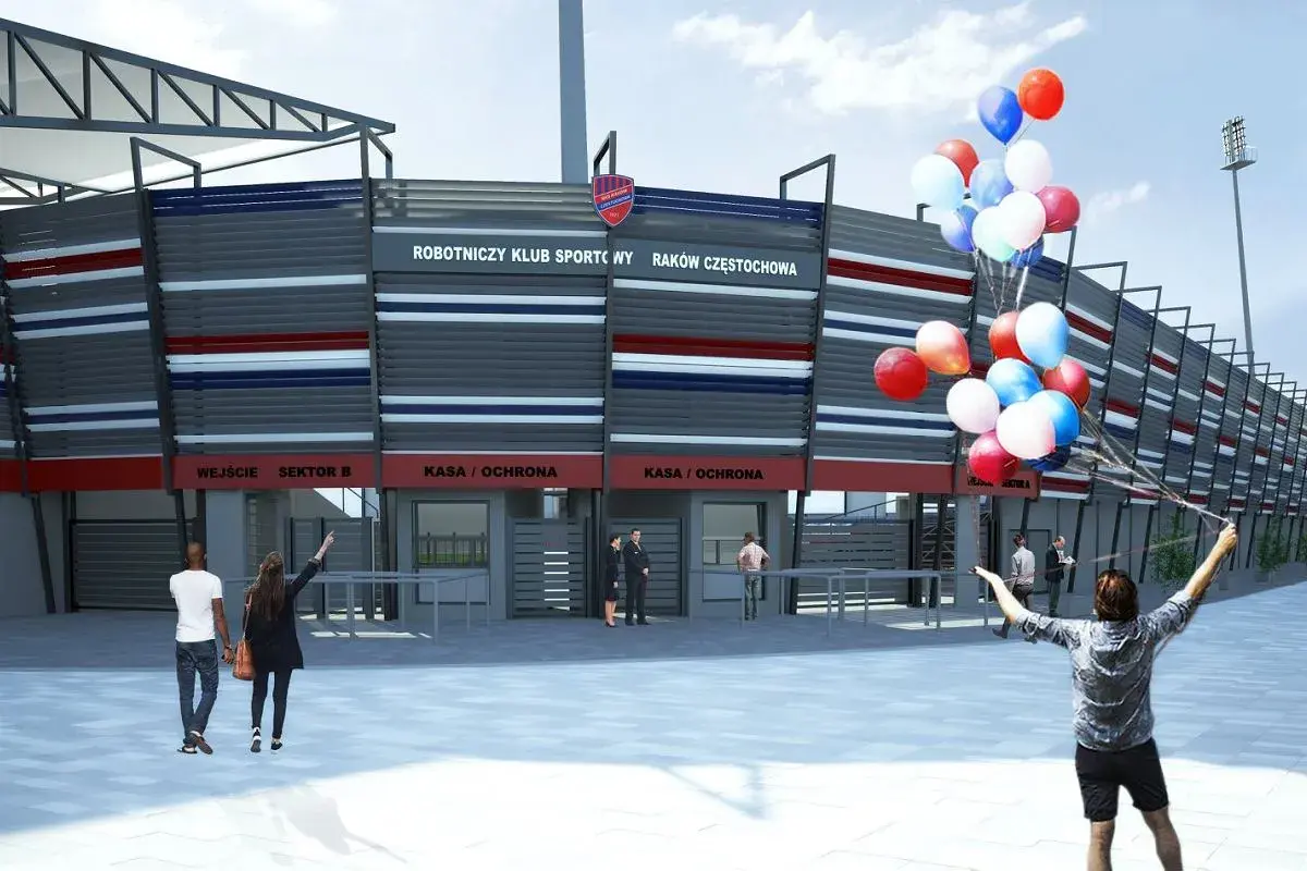 Nowy stadion Rakowa Częstochowa, z imponującą pojemnością, wita kibiców. W tle widać wejścia i kasy.