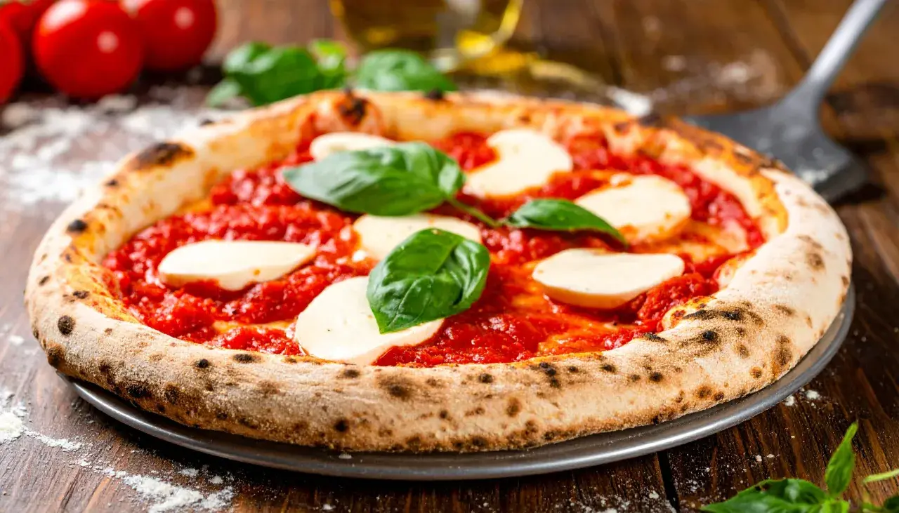 Eine neapolitanische Pizza Margherita mit frischem Basilikum und Mozzarella auf einem Holztisch.