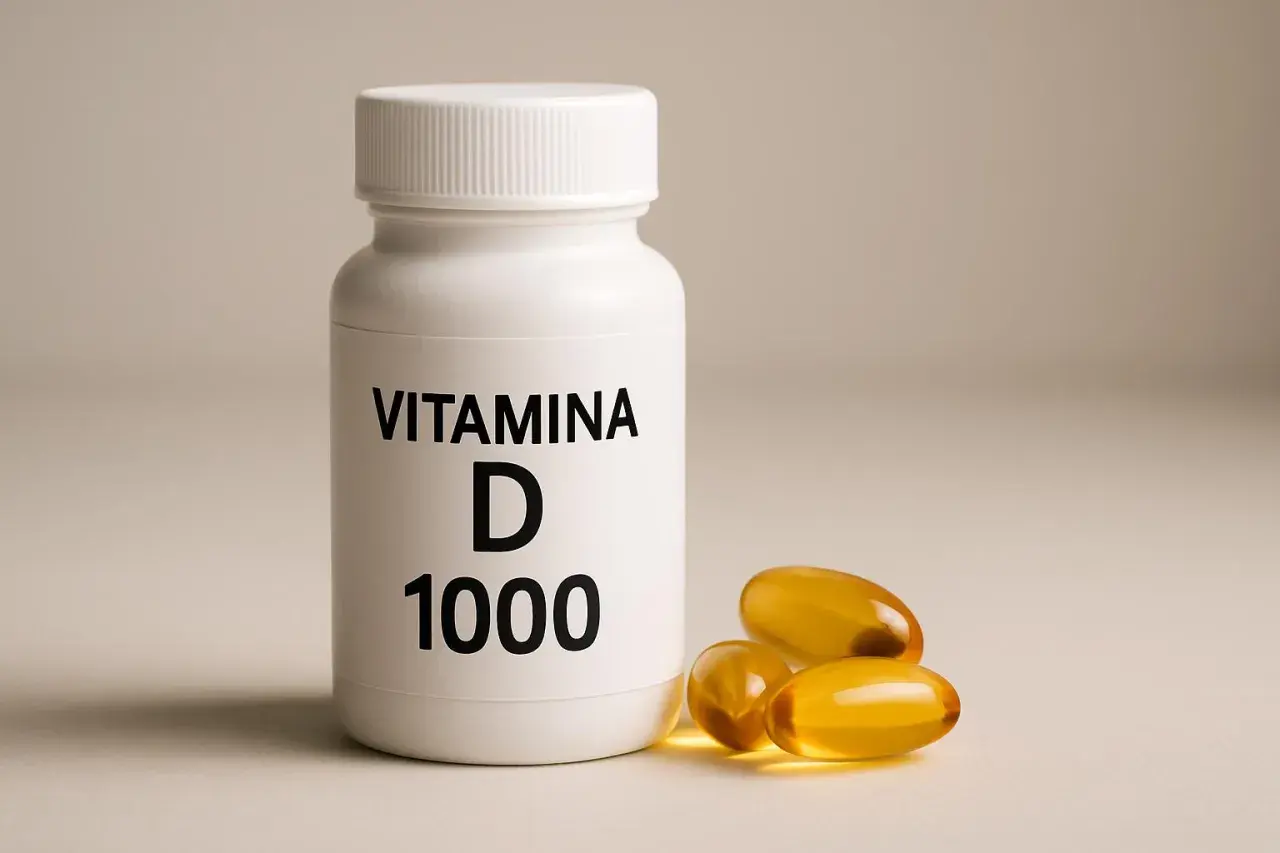 Flacone bianco con etichetta "VITAMINA D 1000" e tre capsule gialle trasparenti accanto.