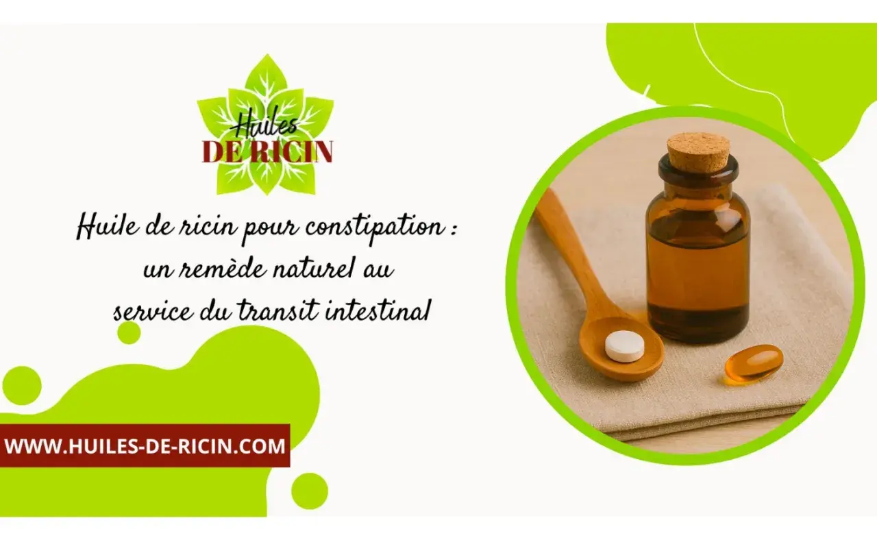 Flacone di olio di ricino, pillola e capsula su un cucchiaio. Rimedio naturale per la stitichezza, impacchi con olio di ricino.