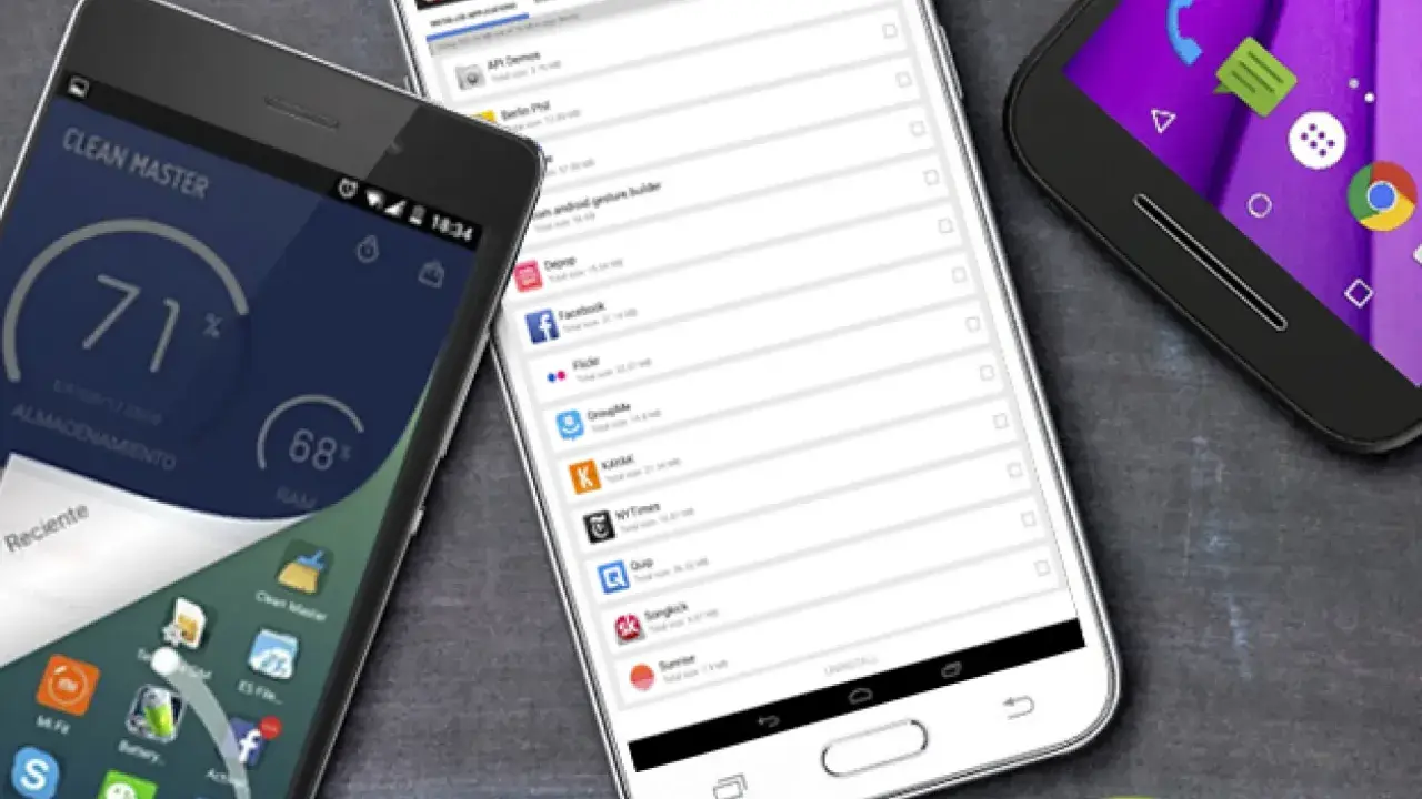 Tres móviles muestran cómo limpiar el móvil con la app Clean Master, optimizando almacenamiento y RAM.