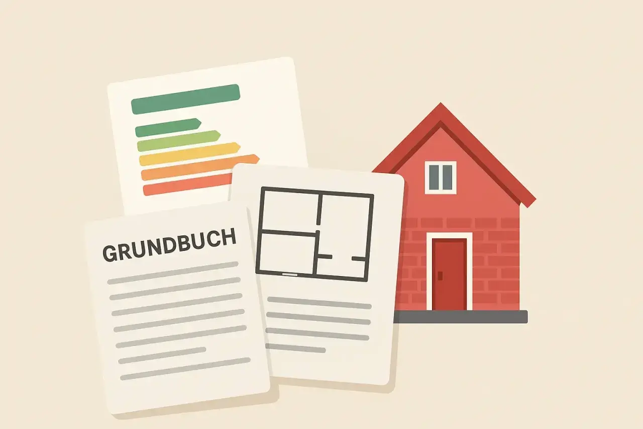 Grundbuch, Grundriss und Energieausweis für den unterlagen hausverkauf privat. Ein rotes Haus im Hintergrund.