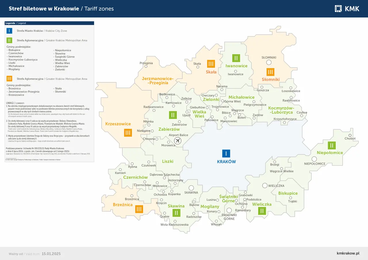 Mapa stref biletowych w Krakowie i okolicach. Strefa I to Kraków, strefa II to aglomeracja, a strefa III to dalsze miejscowości, np. Brzeźnica. kmkrakow.pl