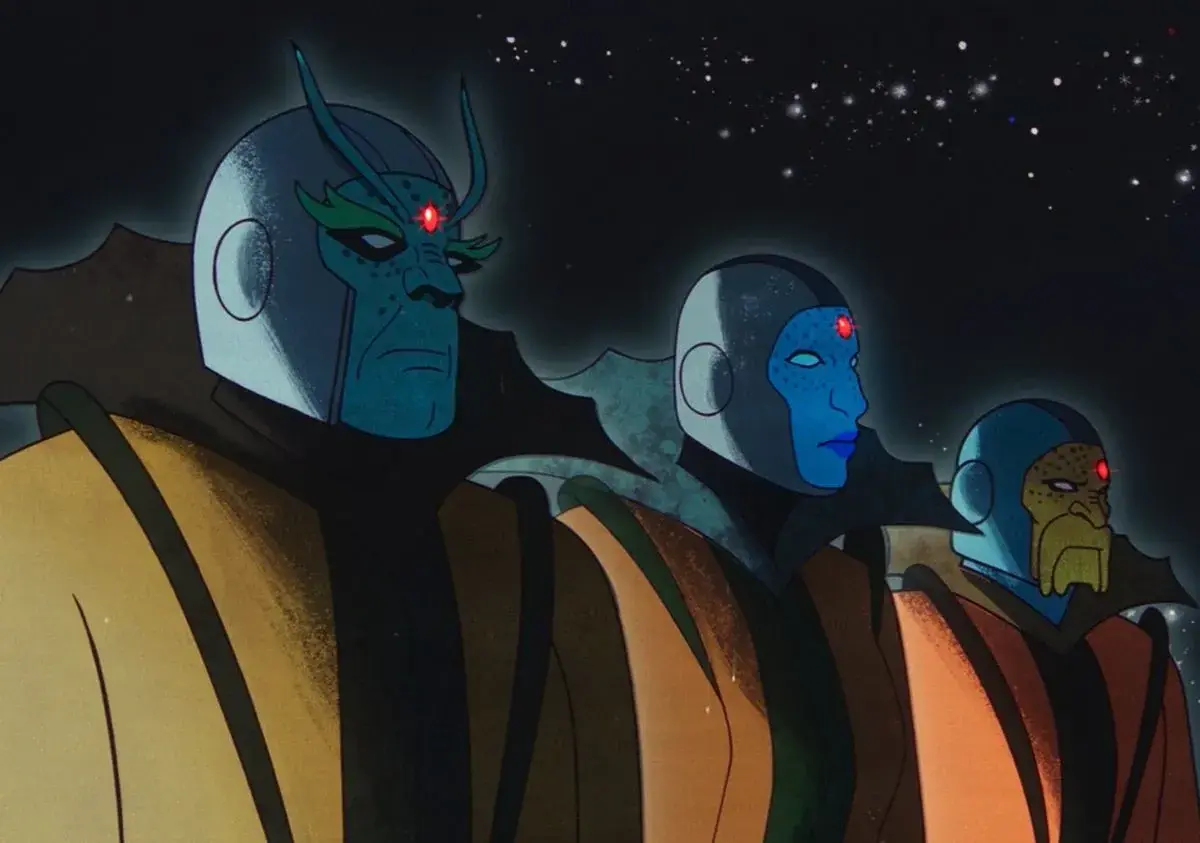 Trois figures bleues, ressemblant aux gardiens du temps Marvel, portent des robes colorées sous un ciel étoilé.