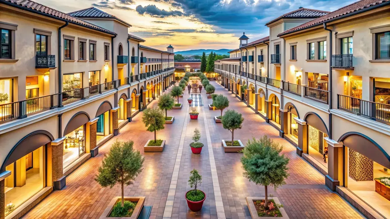 Allée d'un **outlet en Italie** bordée de boutiques élégantes, d'arbres en pots et éclairée par des lumières chaudes au crépuscule.