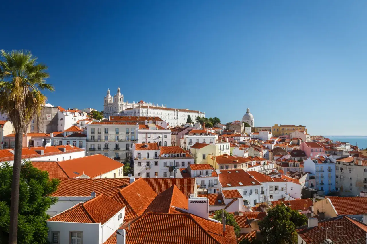 Blick über die Dächer der Lissabon Altstadt mit Palmen und Kirchen im Hintergrund unter blauem Himmel.