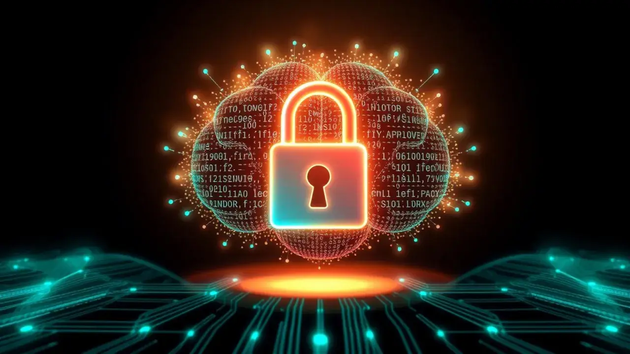 Ein leuchtendes Vorhängeschloss, umgeben von Datenwolken, symbolisiert die Sicherheit von Windows.