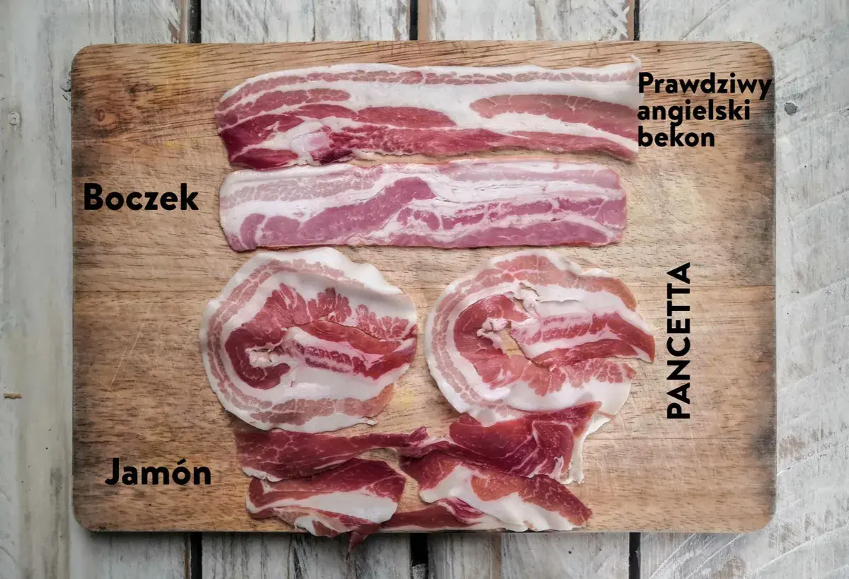 Różne rodzaje mięsa: boczek, prawdziwy angielski bekon, pancetta i jamón, ułożone na desce.