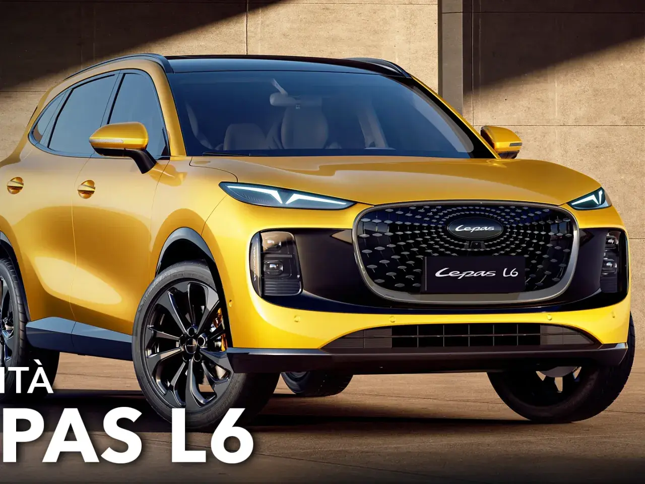 Un SUV giallo brillante, il Lepas L6, con un design audace e fari a LED affilati, si presenta con grinta.