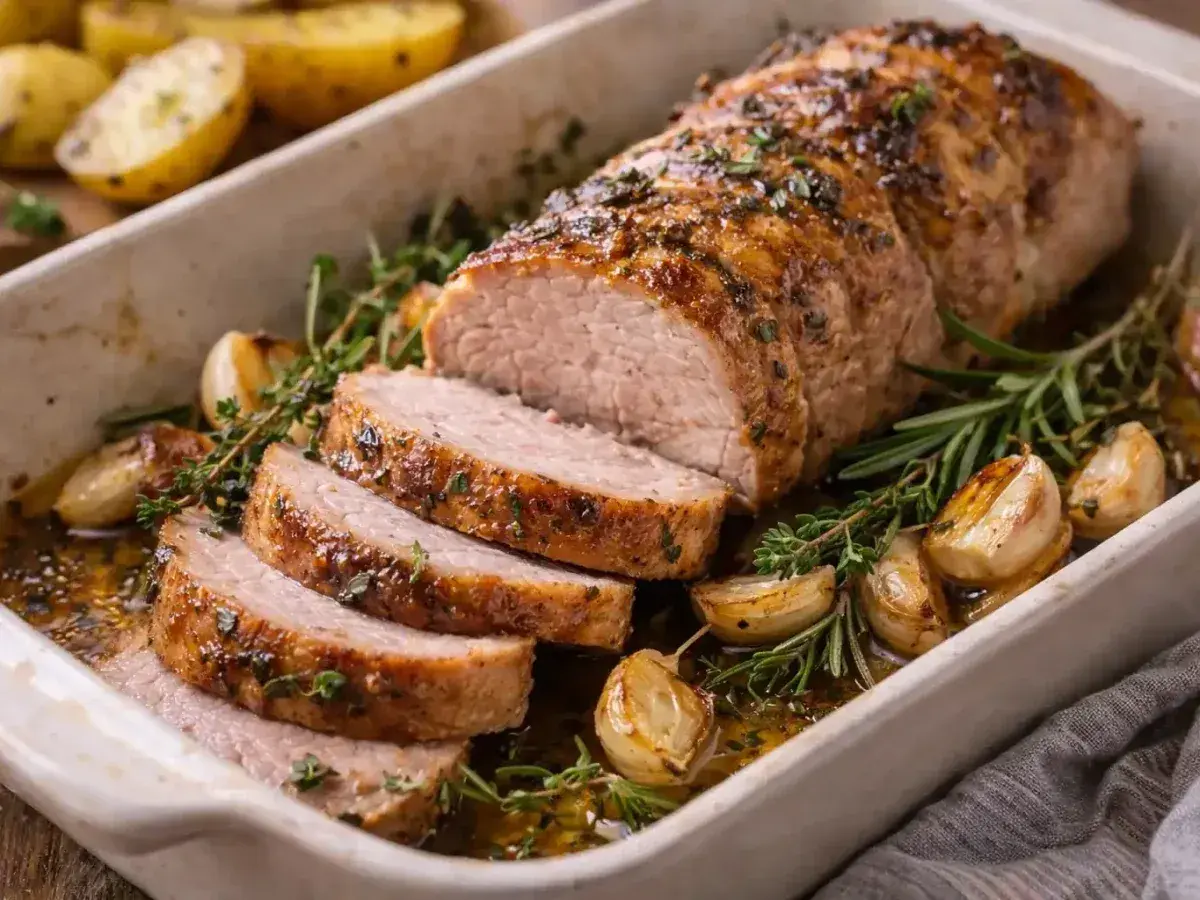 Délicieux filet mignon fumé, prêt à être dégusté. Une recette simple pour un plat savoureux, accompagné de pommes de terre rôties et d'ail.