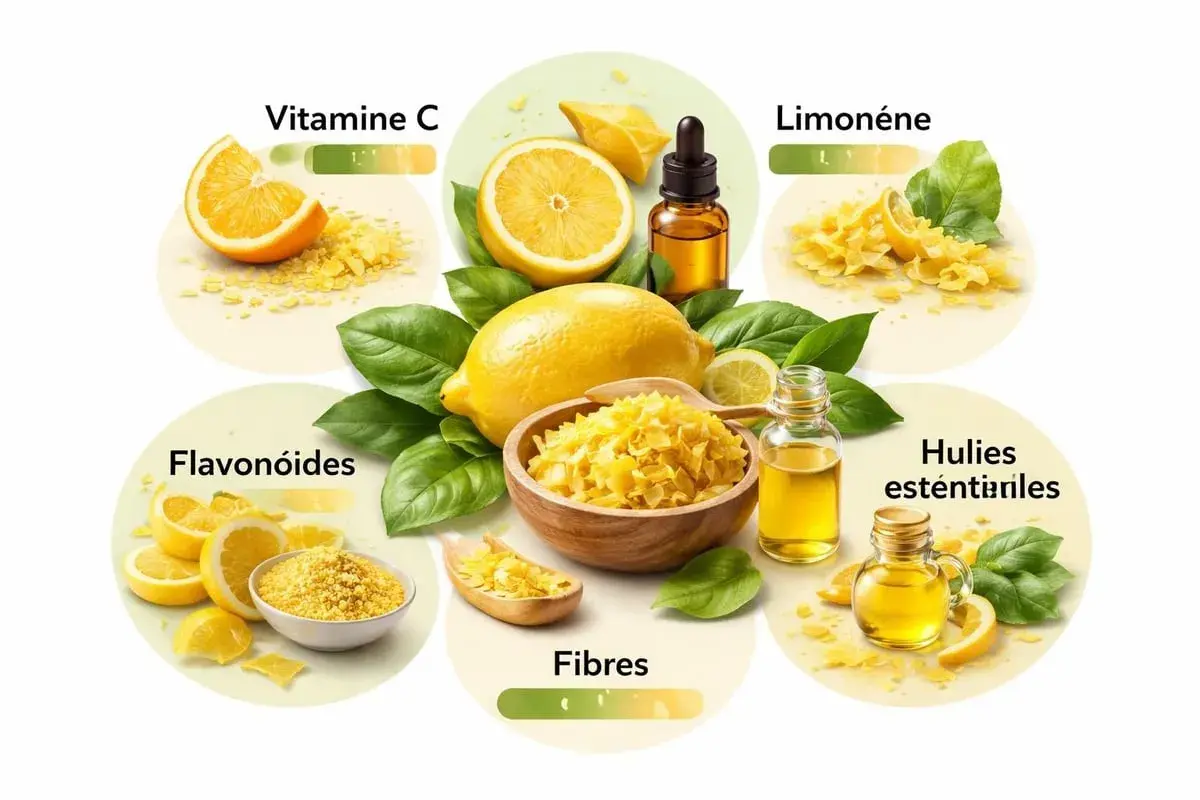 Le citron, source de vitamine C, limonène, flavonoïdes, fibres et huiles essentielles. Le zeste de citron est partout !