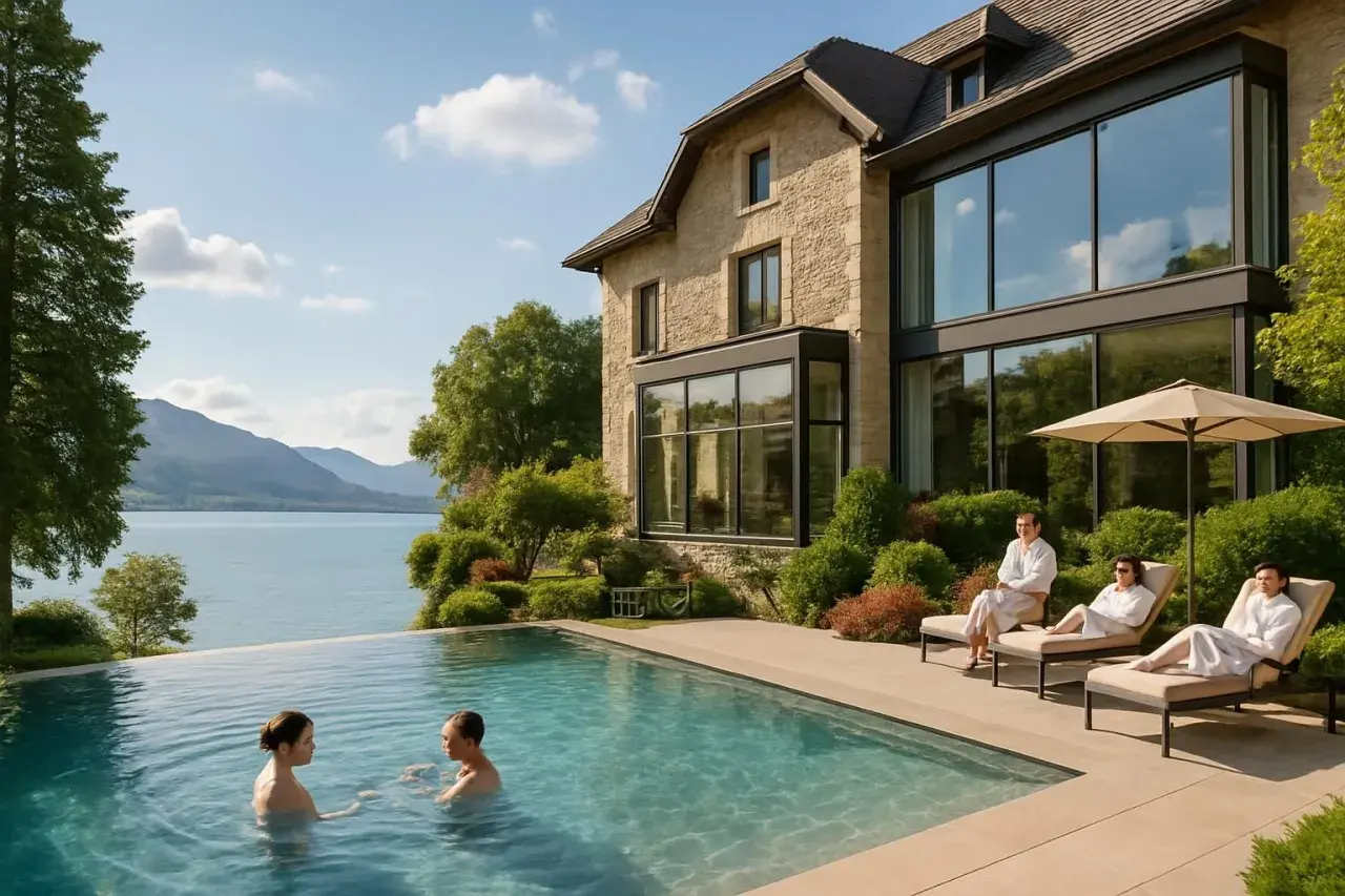 Piscine à débordement devant un hôtel de luxe avec vue sur le lac et des personnes en peignoir détendant sur des chaises longues.