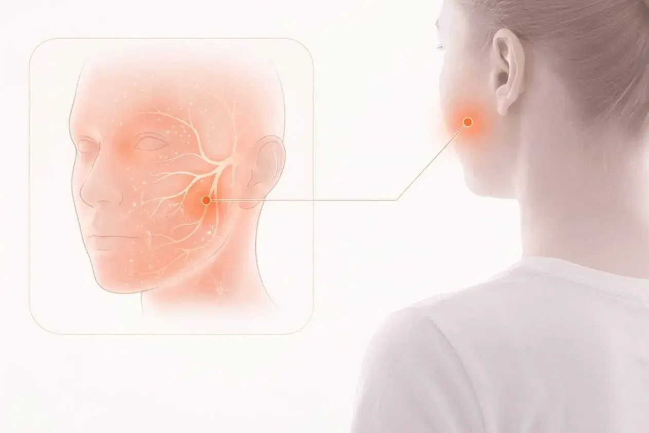 Illustration visar nerver i ansiktet, med en röd prick som markerar ett smärtområde. Kan vara relaterat till stickningar i ansiktet stress.